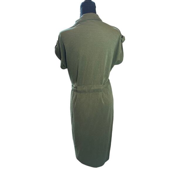 Olive Green Midi Shirt Dress with Belt Roll Tab Sleeve Career Casual - Picture 7 of 10